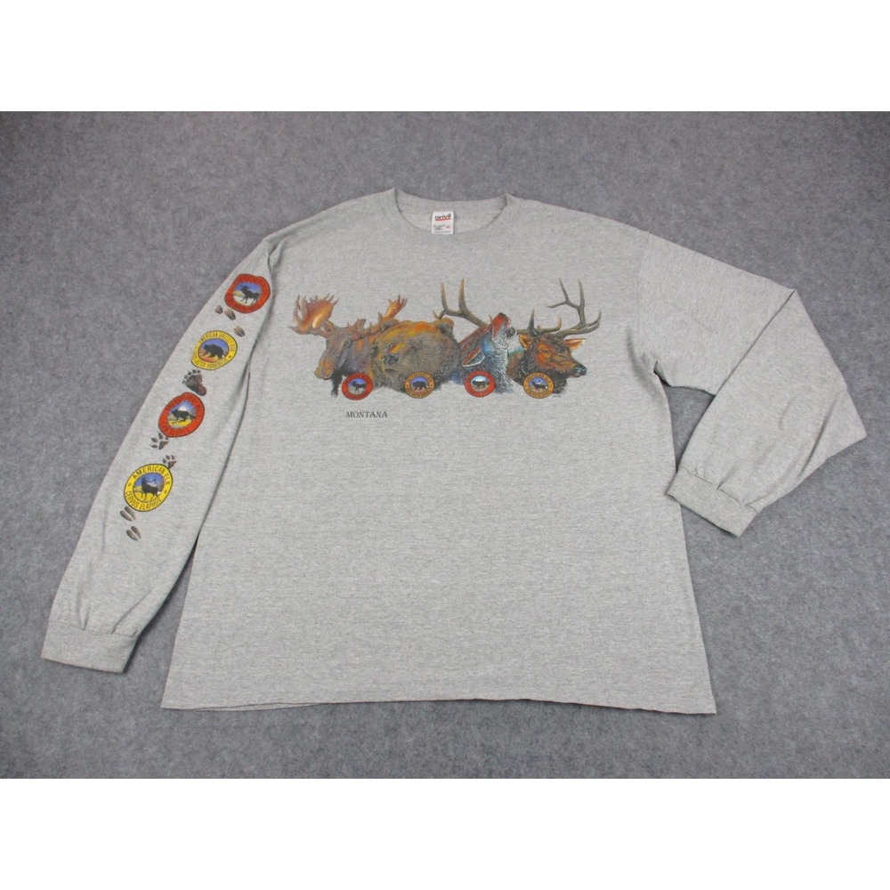 VINTAGE Montana Shirt Mens Extra Large Gray Anvil Wildlife Animals Long Sleeve